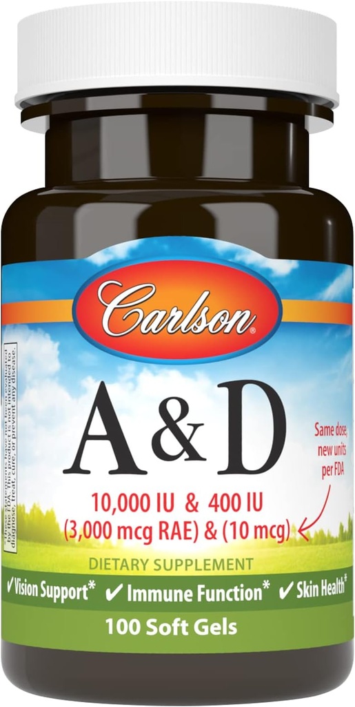 Carlson - A & D, 10000 UI (3000 mcg RAE) Vitamine A, 400 UI (10 mcg) Vitamine D3, Soutien de la vision, Santé de la peau, 100 gels doux