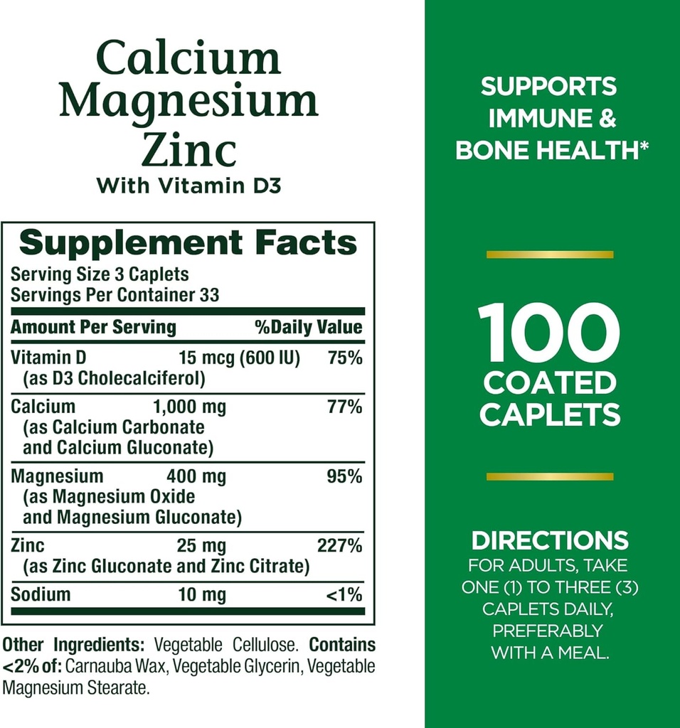 Nature's Bounty Calcium Magnesium & Zink Caplets, Immun & Unterstützung Knochen Gesundheit, 100 Count (Pack von 2)