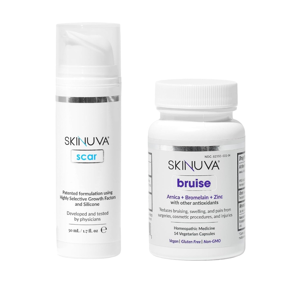 Skinuva® Scar (1.7 oz) & Bruise (14 Kapseln) - Advanced Silicone Cream Formuliert mit Wachstumsfaktoren & Homöopathic Bruise Remedy Formuliert mit Arnica, Bromelain & Zink