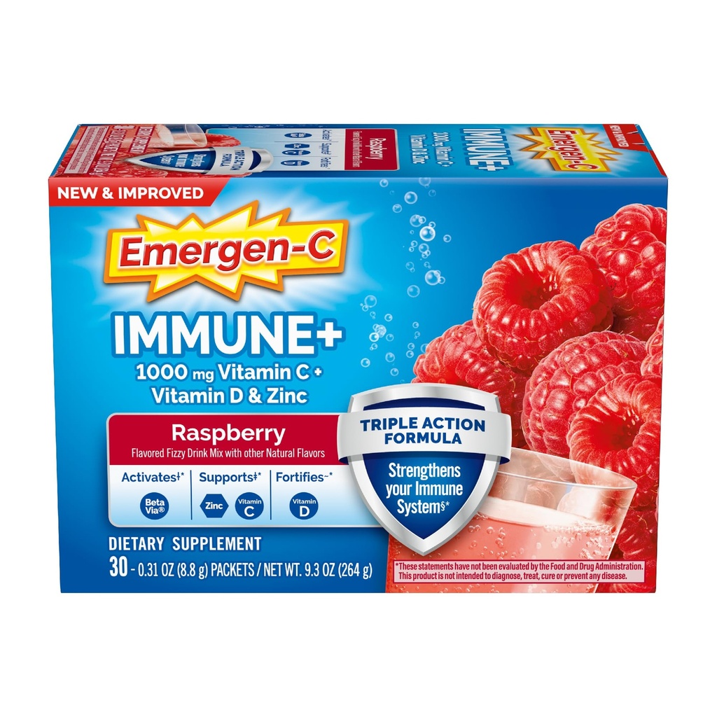 Emergen-C Immune+ Dreifache Wirkung Immununterstützung Pulver, BetaVia (R), 1000mg Vitamin C, B Vitamine, Vitamin D und Antioxidantien, Himbeer, Zurück zu Schule Essentials – 30 Count
