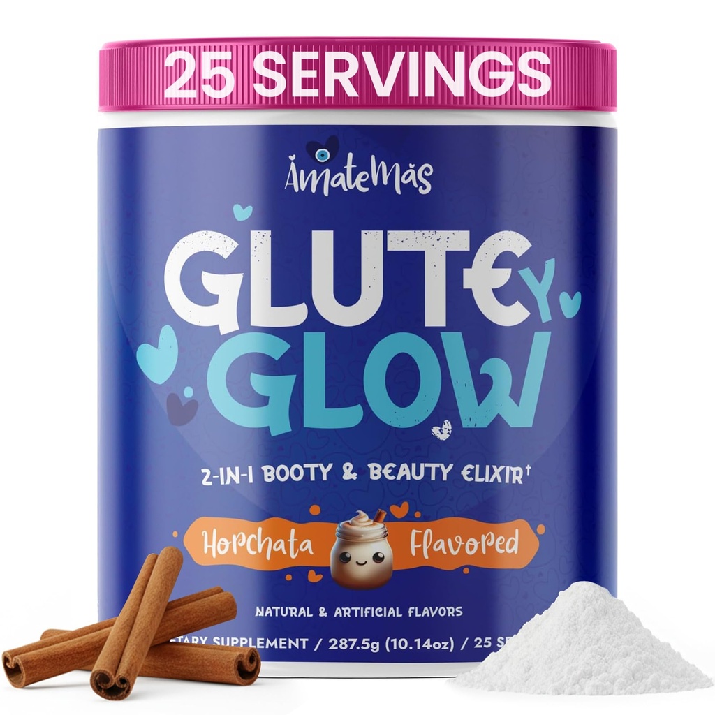 Glute Y Glow by Amatemas – Supplément pour la créatine féminine + biotine pour la croissance musculaire, le soutien au gluten, la peau des cheveux et les ongles – Horchata Flavor – Soutien énergétique – Lean Muscle – Mix performance quotidienne