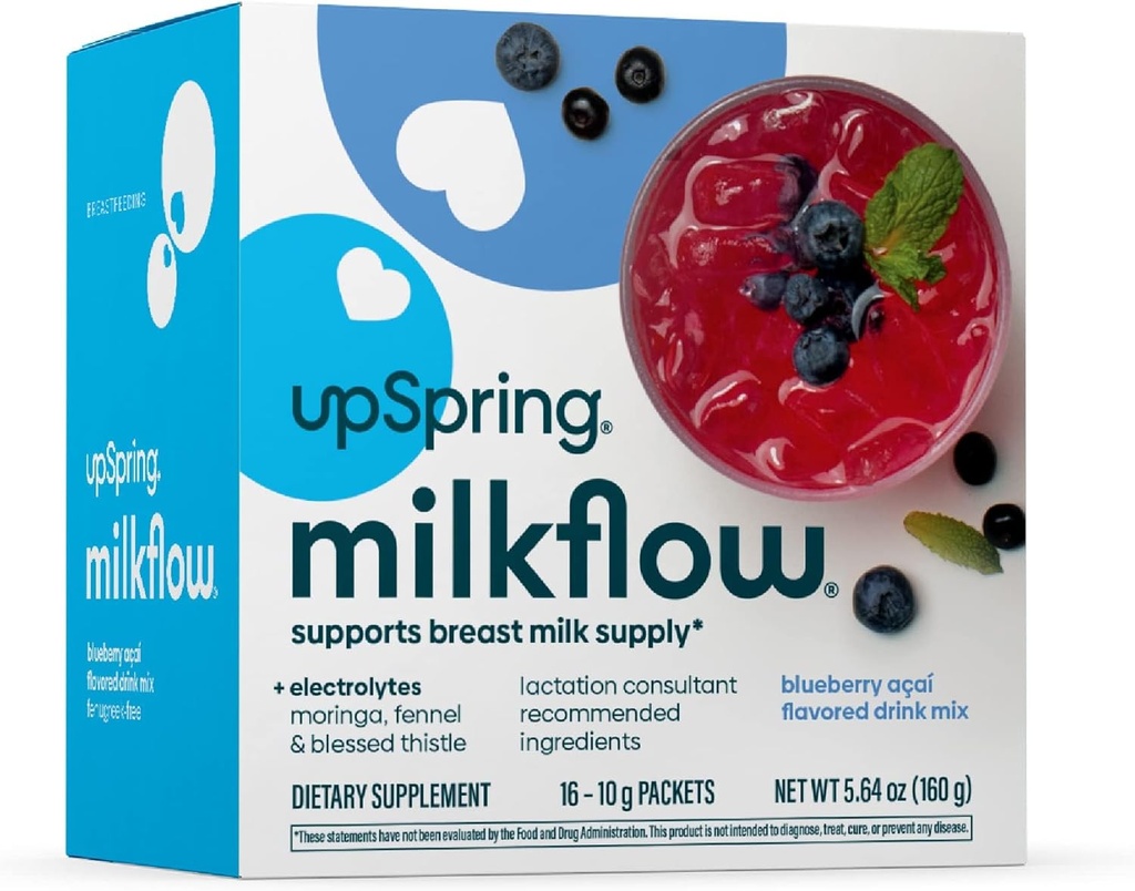 UpSpring Milchstrom Elektrolyt Brüstzusatz Getränke Mischung Fenugreek-frei, Moringa & Blueberry Acai Flavor, Lactationsergänzung zur Unterstützung Brustmilchversorgung und Restore Elektrolyte, 16 Mischungen