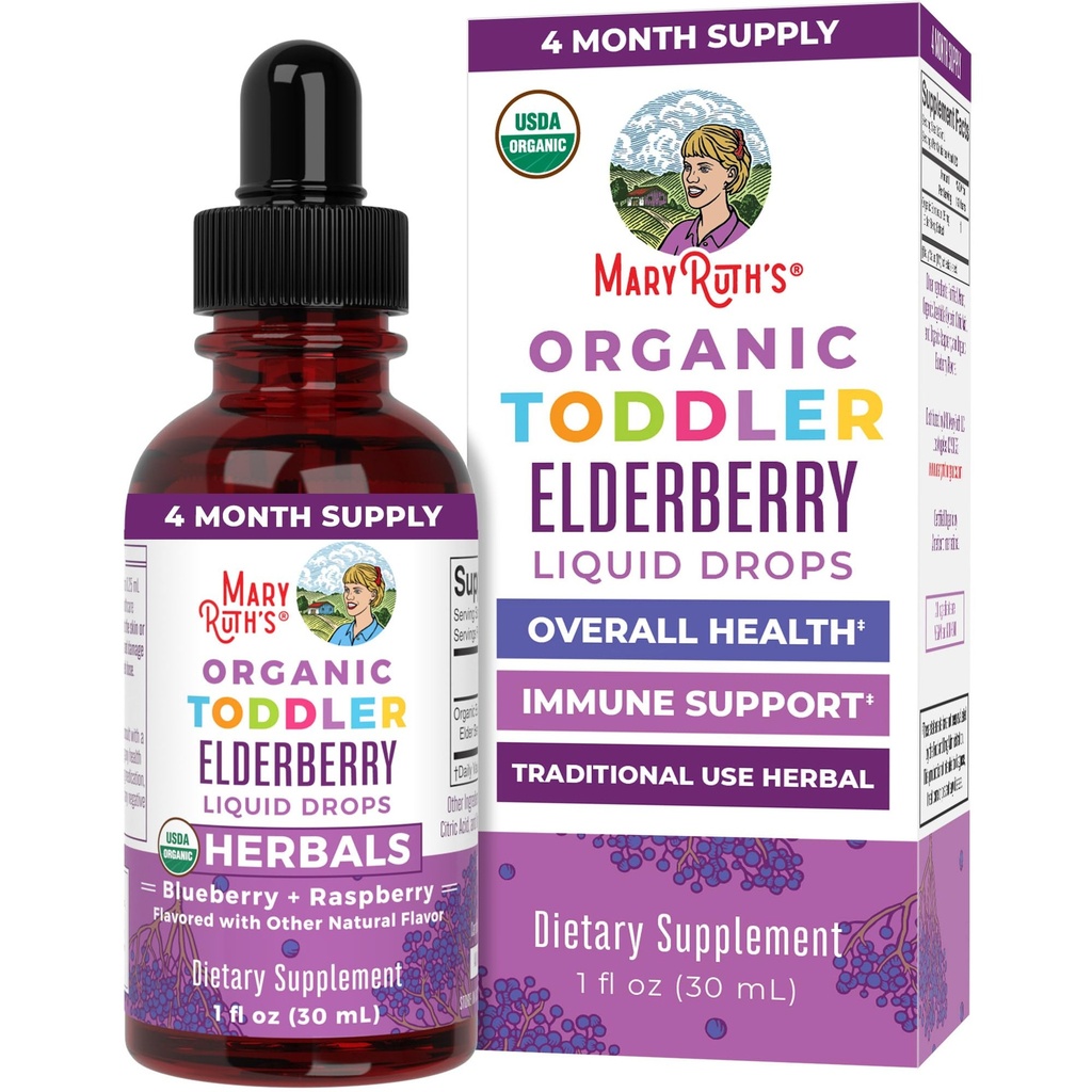 MaryRuth Organics Kleinkind Elderberry Syrup, USDA Organic Elderberry, Sugar Free Kids Immune Support Supplement für Alter 1-3 Jahre, Clean Label Project Verified®, Vegan, Non-GMO, Gluten Free, 1 Fl Oz