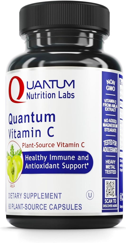 Quantum Nutrition Labs Quantum Vitamine C- Supplément biologique de vitamine C naturelle pour les femmes et les hommes, source complète de vitamine C alimentaire, pure avec des bioflavonoïdes, et Amla, aide au soutien immunitaire- 60 capsules végétaliennes