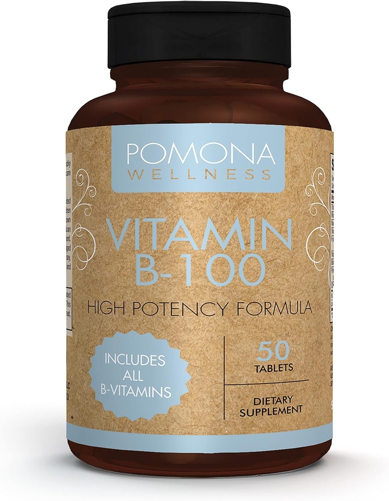 Pomona Wellness Vitamin B Complex Supplement mit Folsäure, High Potency Multivitamin, Alle 10 B Vitamine einschließlich B12, unterstützt Energie Levels, Herzgesundheit, Non-GMO, 50 Tabletten