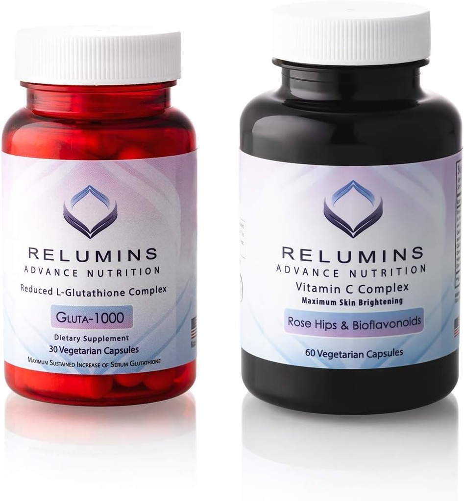 Relumins Advance Nutrition Gulta 1000 et Advance Vitamine C - Complexe d'éclaircissement de la peau MAX- 30 Capsules de glutathion + 60 Capsules de vitamine C