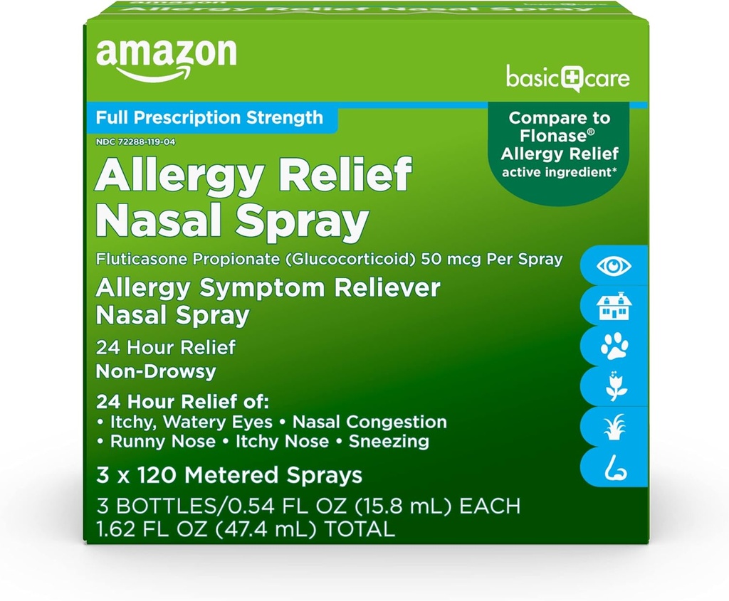 Soins de base Spray anti-allergie 24 heures sur 24, Propionate de fluticasone (Glucocorticoïde), 50 mcg, pleine dose, non somnolence, 1,62 fl oz 0,54 fl oz (paquet de 3)