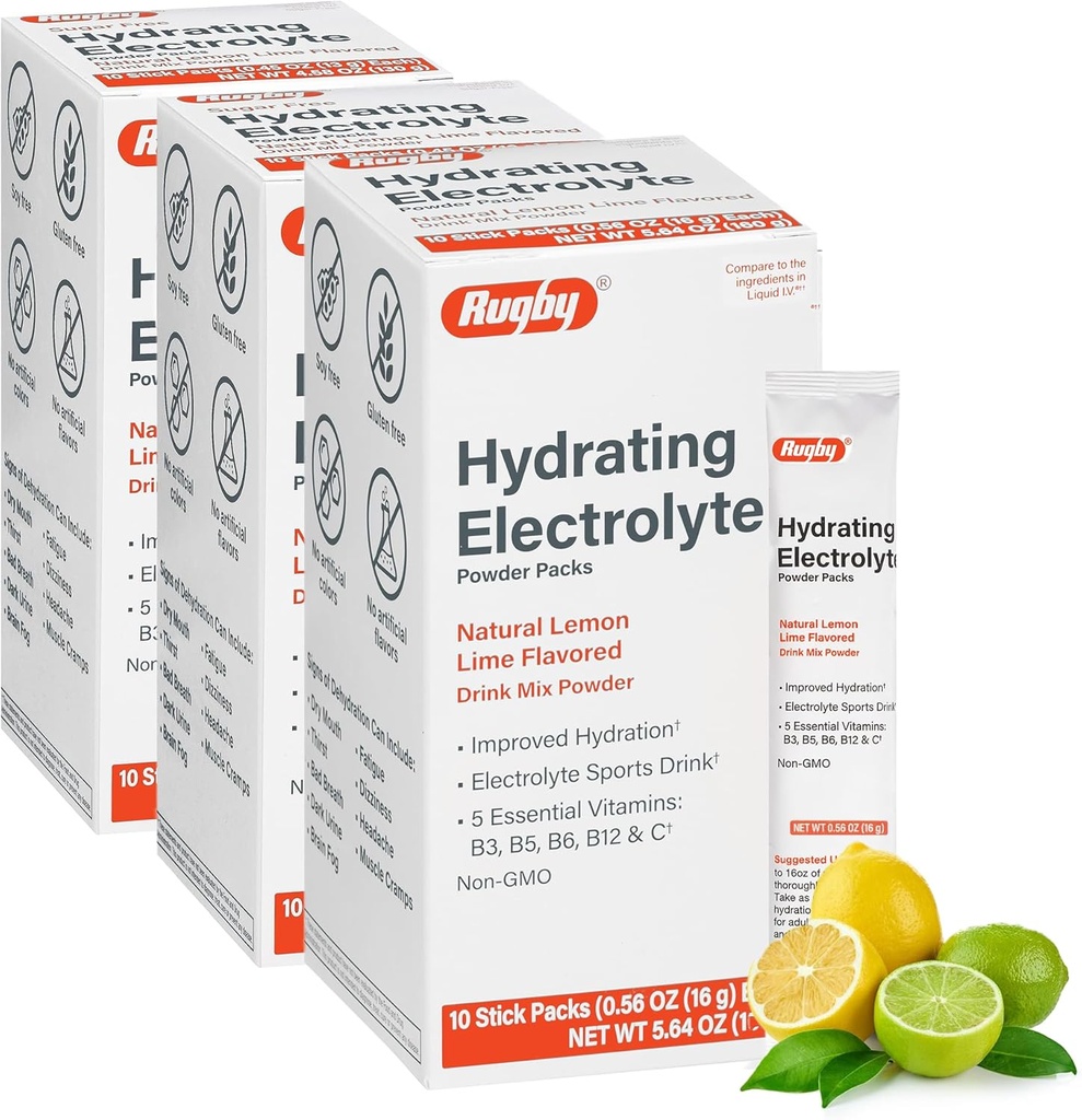 Rugby Hydrating Elektrolyt-Pulver-Packs - Getränke-Misch-Pulver-Packets mit 5 Vitaminen - Verbesserte Hydration - Natürliche Zitronen-Lim Flavor - 10 Stick-Packs - 0.56 Oz Jeder (3 Pack)
