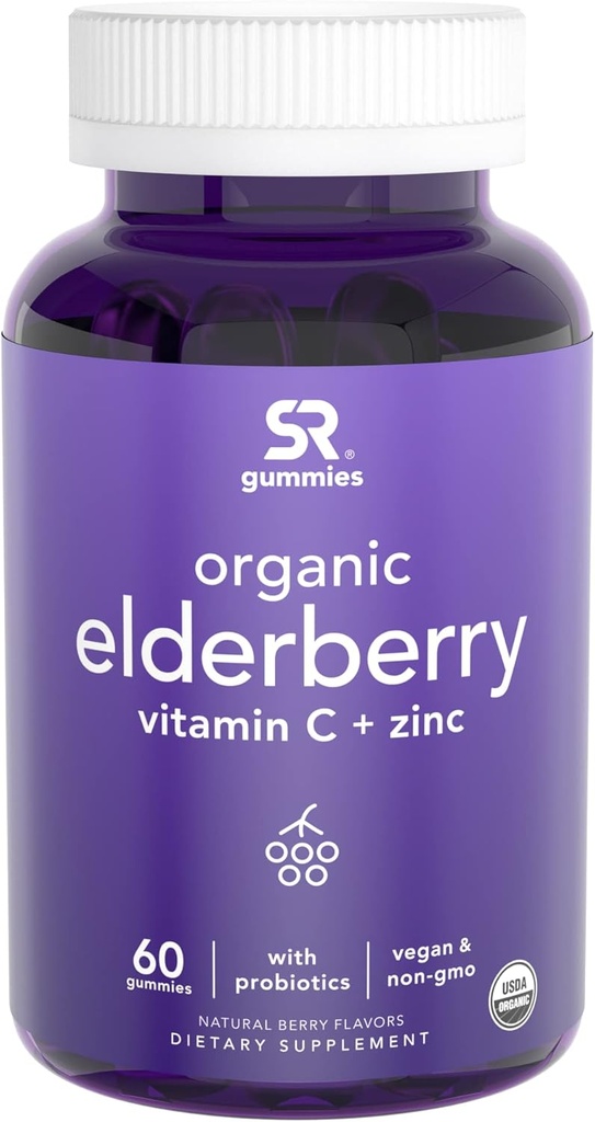 Elderberry Gummies Konzentrat (65:1) mit Vitamin C, Zink & Probiotika für Immununterstützung & Gut Gesundheit | USDA Organic, Vegan zertifiziert & Non-GMO Verified (60 Vegan Gummis)