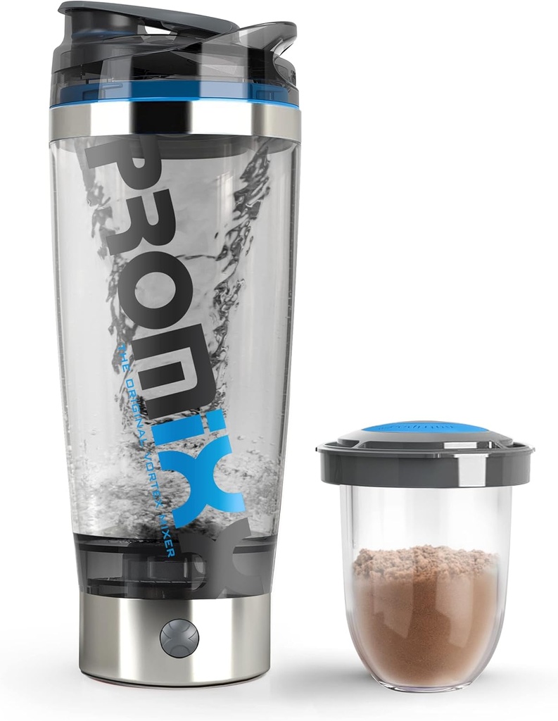Promixx Pro Shaker Bottle (iX-R Edition) | Wiederaufladbar, Powerful for Smooth Protein Shakes | beinhaltet Supplement Storage - BPA Free | 20oz Cup (Silver Blue/Gray)
