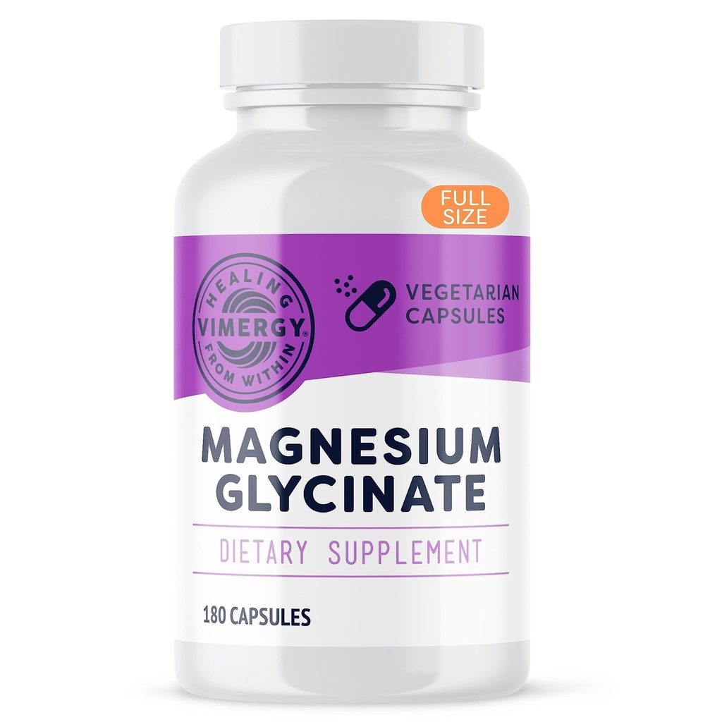 Vimergy Magnesium Glycinate – Stress-Unterstützung – Chelat to Avoid Tummy Upset*– Fördert Herzgesundheit & Energie*– Kosher, Vegan Gluten-Free – 180 Caps