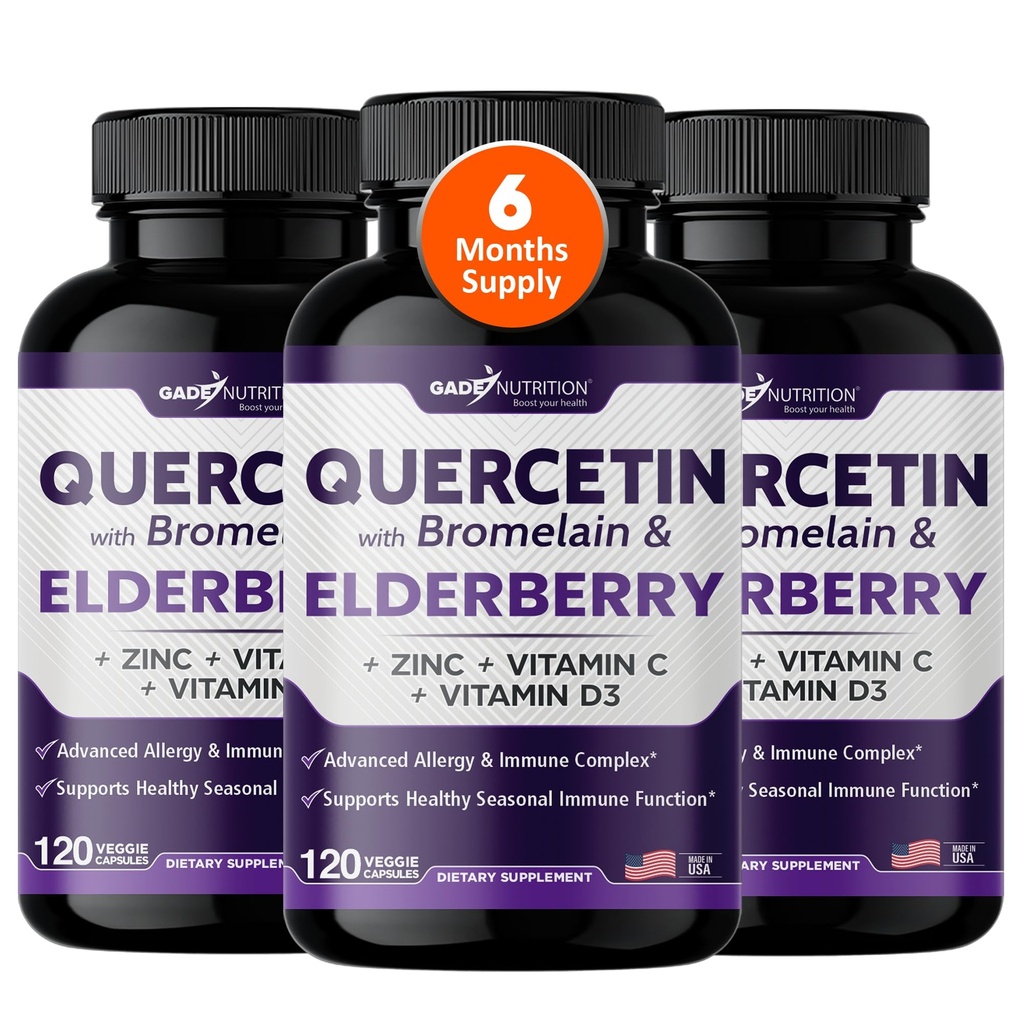 Gade Nutrition Quercetin avec Bromelain & Elderberry , Quercetin avec vitamine C et zinc , Zinc Quercetin 500mg avec vitamine D3 , Supplément quotidien de soutien immunitaire - 6 mois d'approvisionnement