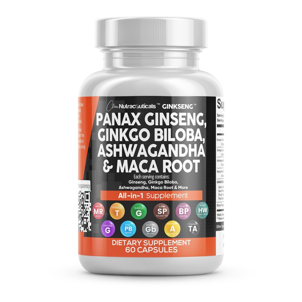 Clean Nutraceuticals Panax Ginseng Ginkgo Biloba Ashwagandha Maca Root - Fokus Ergänzung Pillen für Frauen und Männer mit Pine Bark Extract, Knoblauch, und Saw Palmetto - 60 Caps