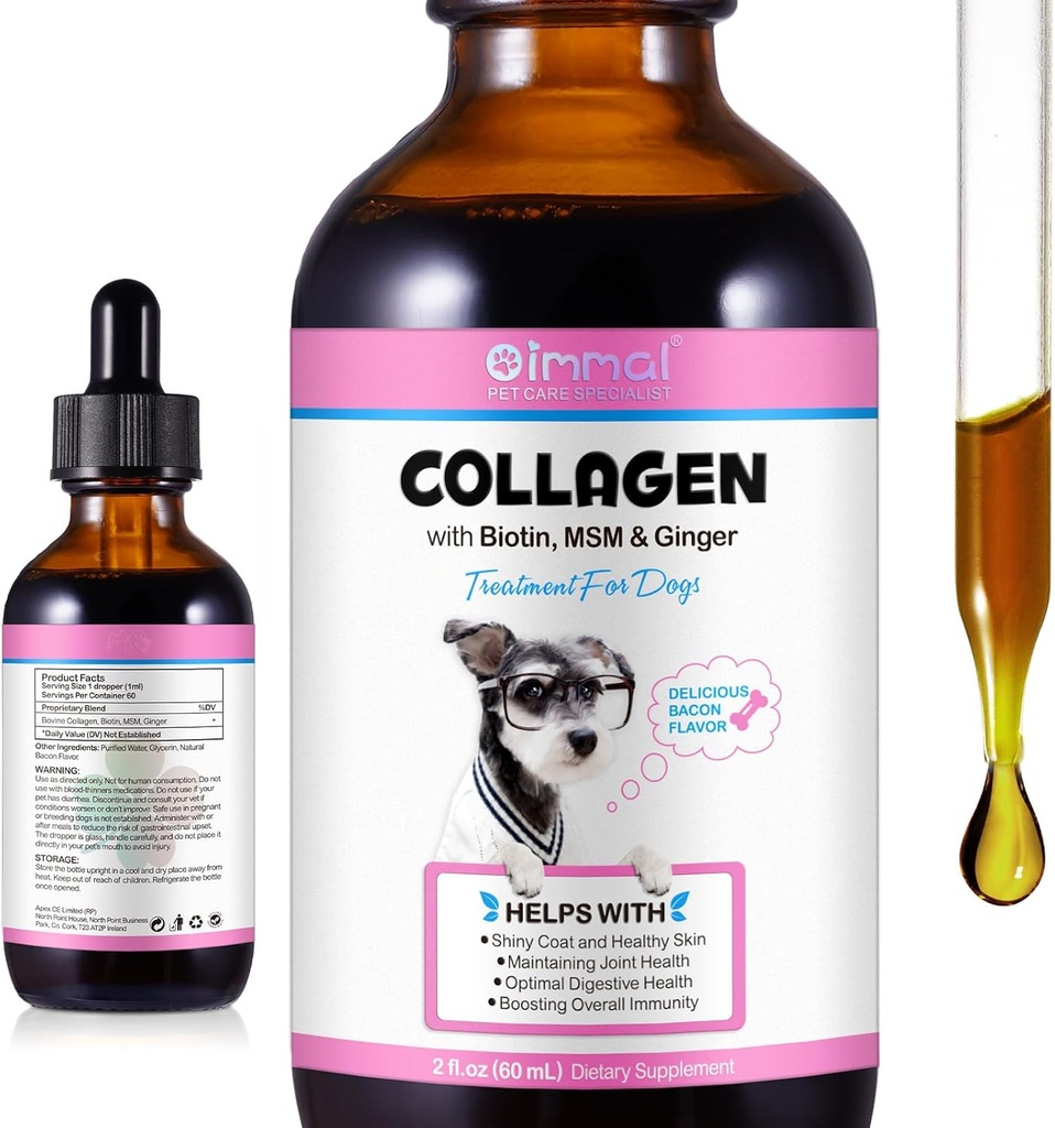 Flüssiges Kollagen für Hunde - Natural Dog Liquid Collagen Skin and Coat - Unterstützt Hunde Itch Relief und Joint Health - Bacon Flavor / 2.02 Oz