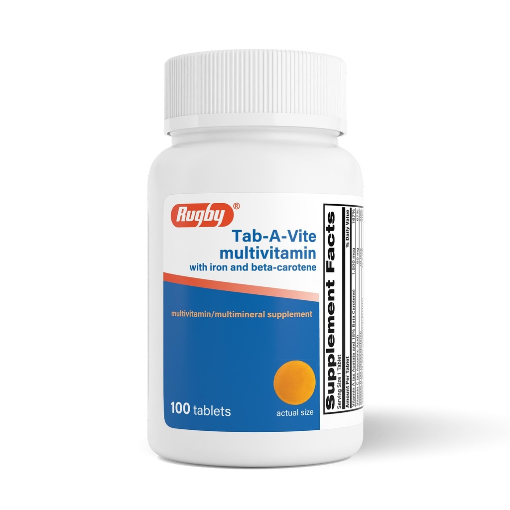Rugby Tab-A-Vite Multivitamine avec Fer et Beta-Carotène - Multivitamine quotidienne pour adultes, soutient la santé globale, supplément multiminérale - 100 comprimés