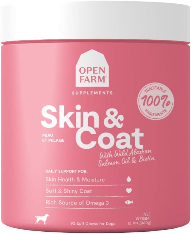 Open Farm Skin & Coat Chews, Hundeergänzung, Hunde-Vitamine, Unterstützt eine weiche und glänzende Mantel mit Traceable und Vet-Approved Zutaten, 12.7 oz, 90 Count
