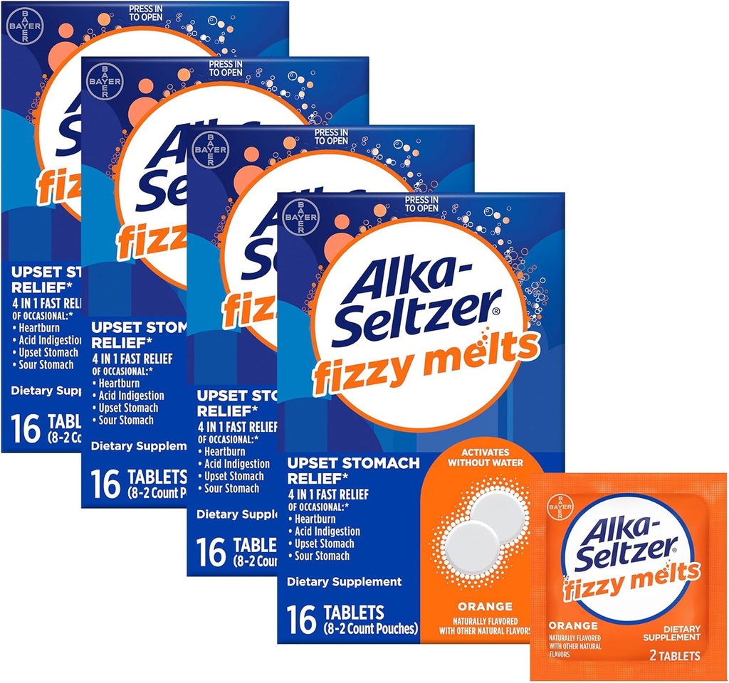 Alka-Seltzer Fizzy Melts, Lösen auf Tongue, kein Wasser benötigt, On-The-Go Diät-Ergänzung Antacid Tablets, für Relief von okzialen Sodbrennen und Säure Verdauung*, Orange Flavor, 64 Graf