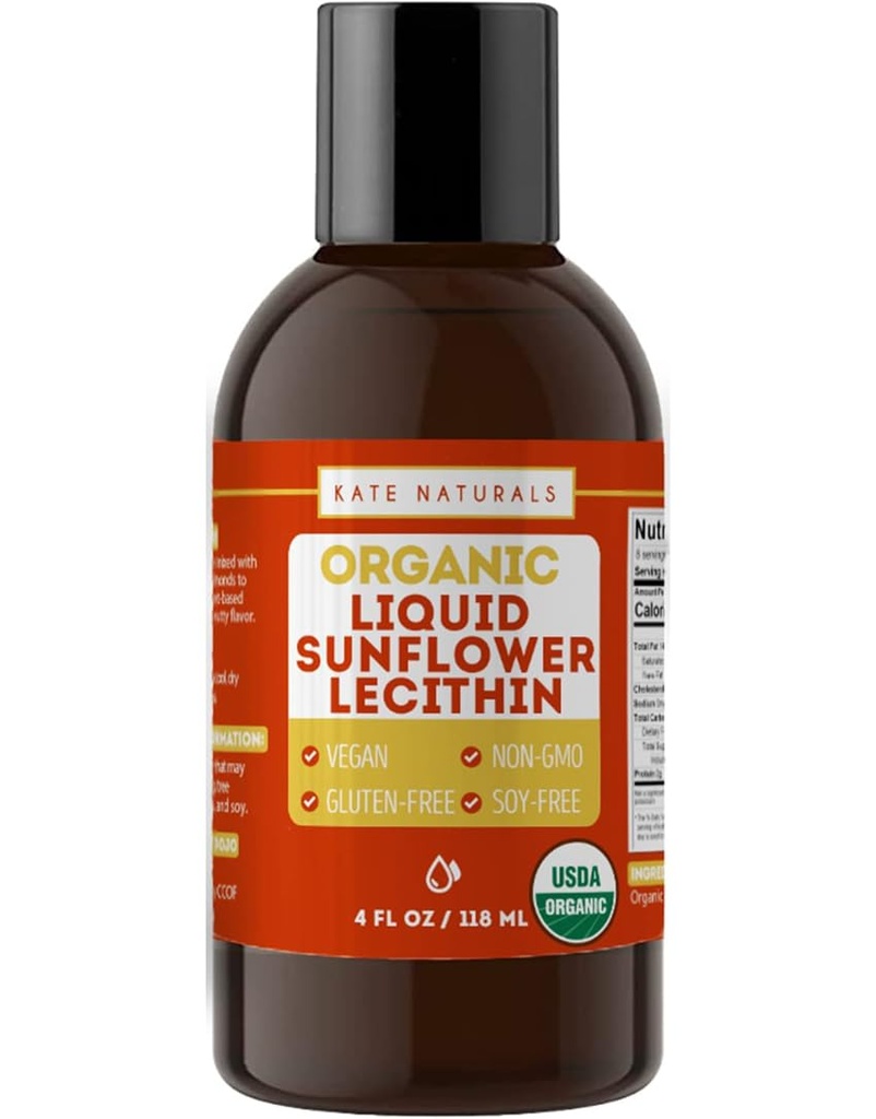 Kate Naturals Sunflower Lecithin Liquid zum Kochen und Backen. Flüssiger Lecithin für Gummie, Glattwaren und Lactationsergänzung (4oz, Organic, Vegan, Glutenfrei)