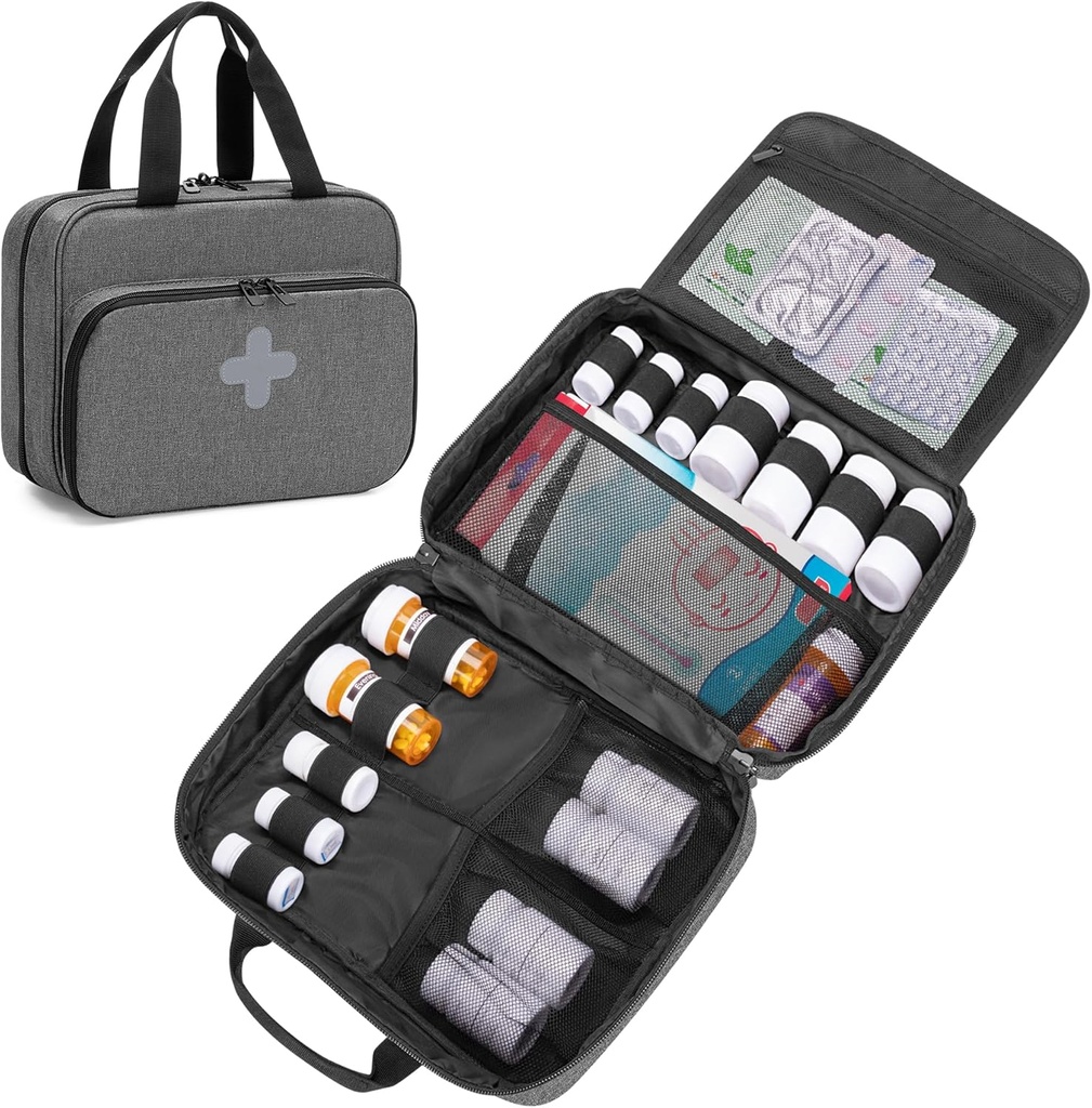 CURMIO Pill Bottle Organizer Portable Medicine Bag, Lockable Prescription Bottle Storage for Pill Bottles, Vitamins, Medical Supplements for Home Storage and Travel, Gray (Empty Medicine Bag)