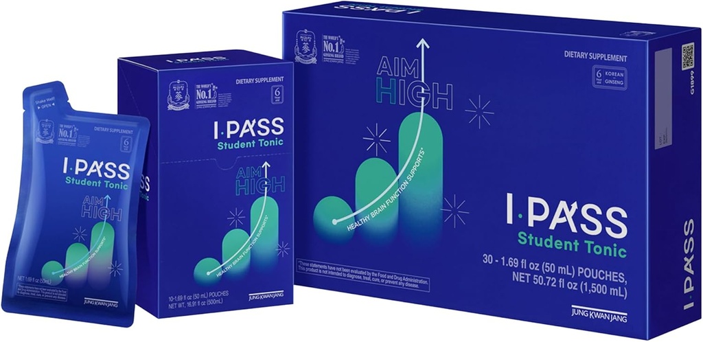 JungKwanJang iPass Student Tonic - Adaptogen Energy Drink Supplement mit Korean Red Ginseng, Jujube, Astragalus & Angelica - Tägliche Unterstützung für Schule und Aktivitäten (30 Pouches, 1,69 fl oz)