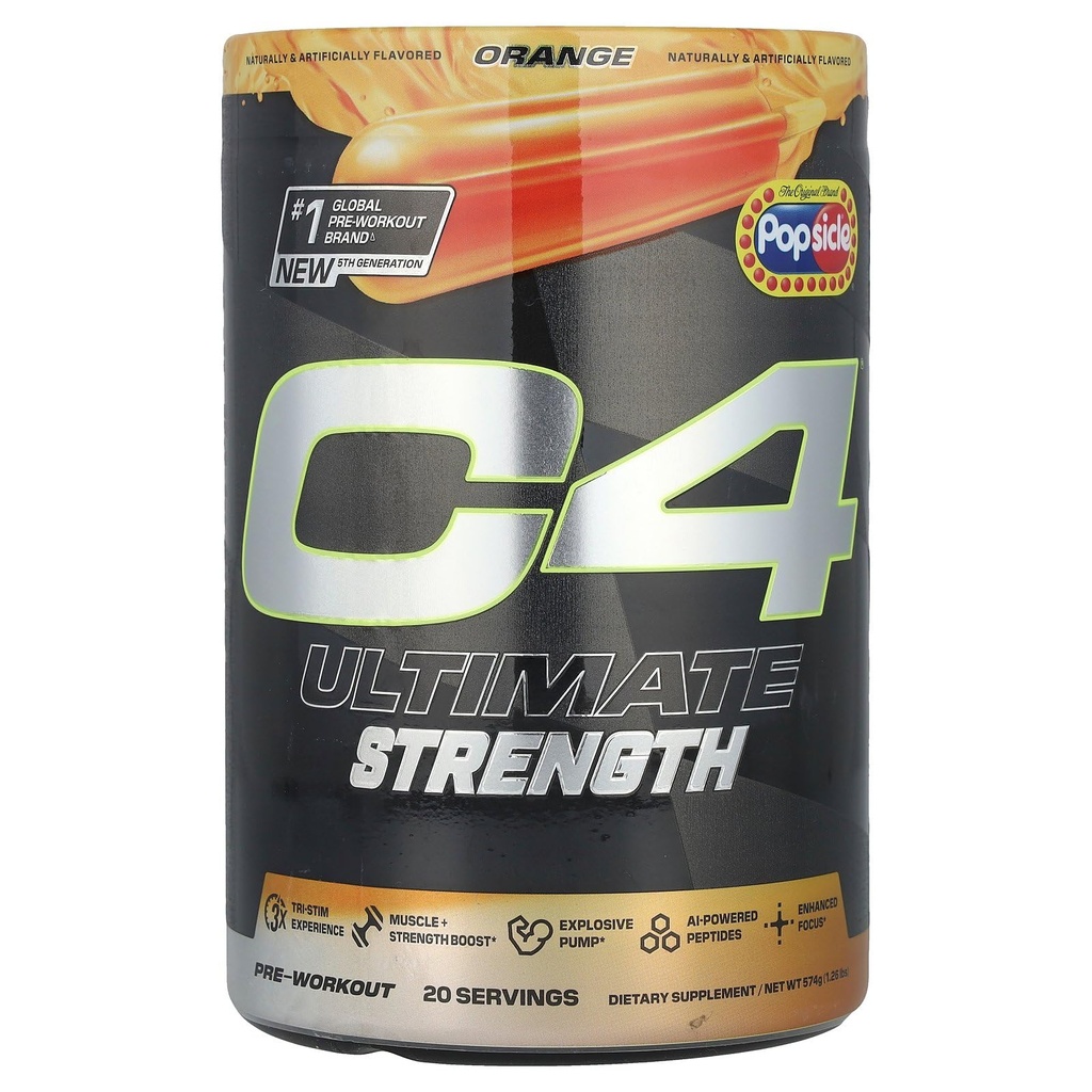 Cellucor C4 Ultimate Strength Pre Workout Powder - Tri-Stim Experience 300mg Caféine+TeaCrine+Dynamine - Créatine & Beta-Alanine - Supplément énergie pour les hommes et les femmes - Orange Popsicle, 20 portions