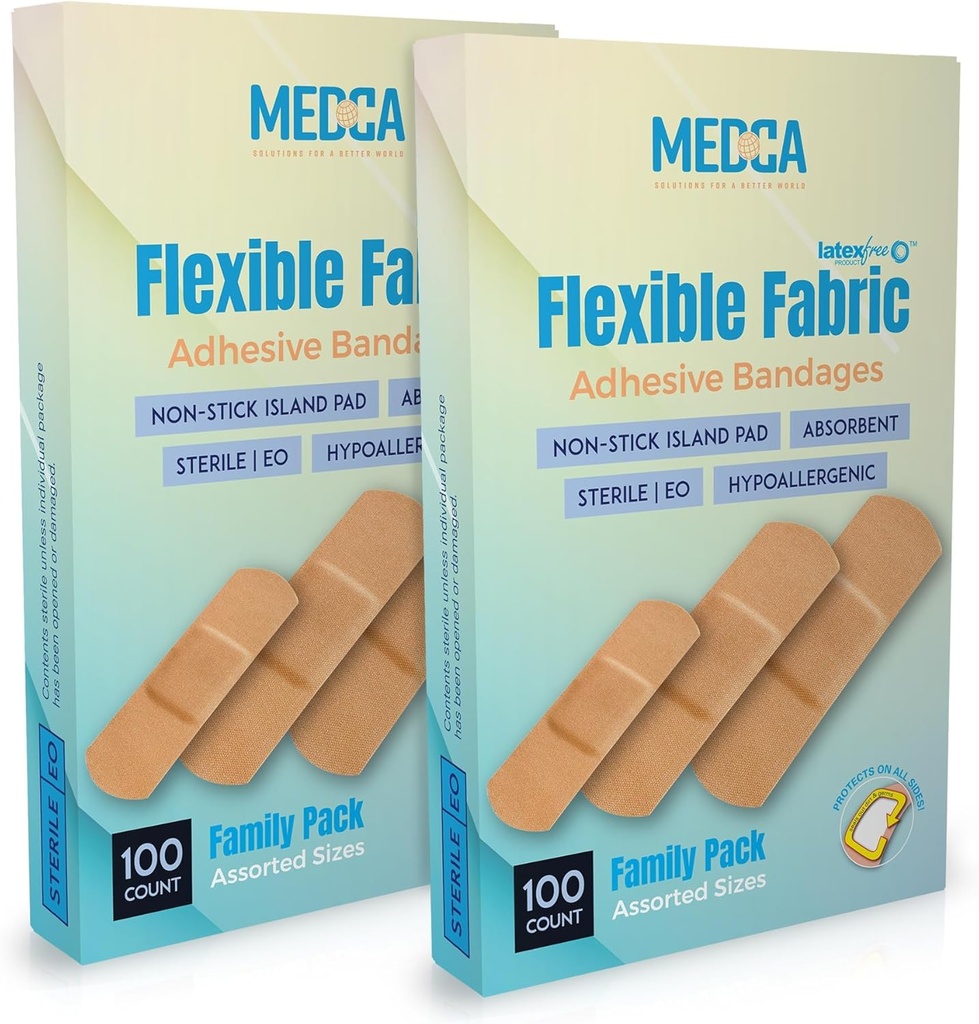 Flexible Stoffklebebänder für bequeme flexible große Schutz- & Wound Pflege von Minor Cuts, Scrapes, & Wounds, sortierte Größen (2-1/4"x5/8", 3" x3/4", 3"x1") - Twin Pack 100 CT Box