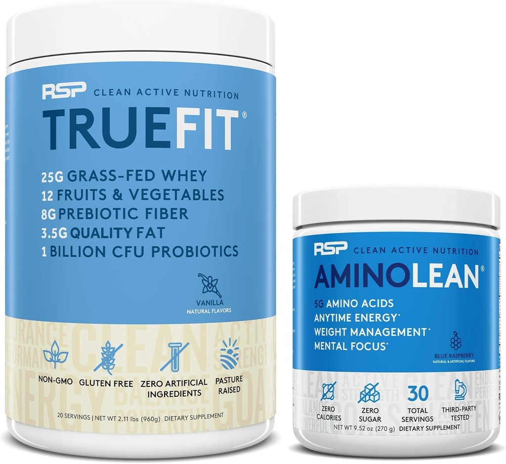 AminoLean Énergie de pré-entraînement (Blue Raspberry 30 portions) avec poudre de protéines TrueFit (Vanilla 2 LB)