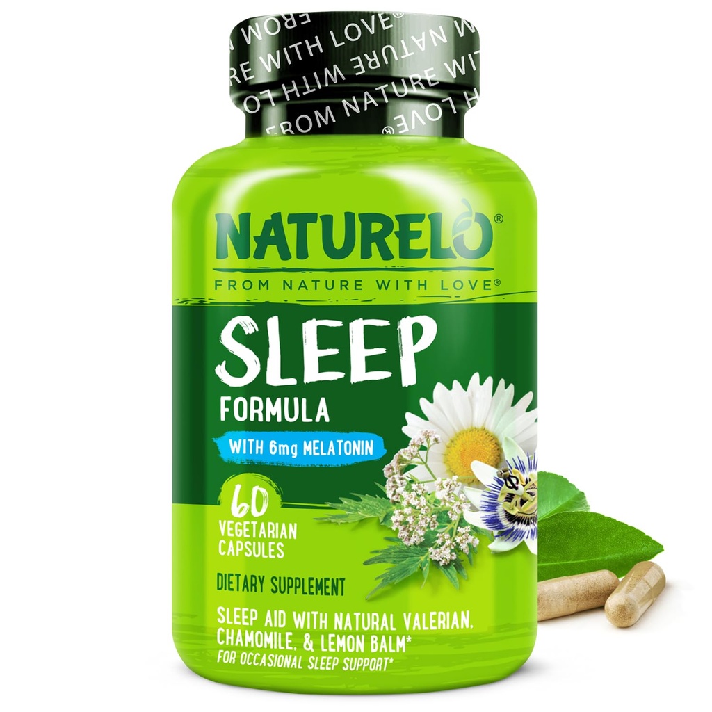 NATURELO Aide au sommeil - avec mélatonine, magnésium, GABA, racine valériane, baume de citron, extraits d'herbes de camomille - Aide au sommeil à base de plantes - 60 capsules de végétalien