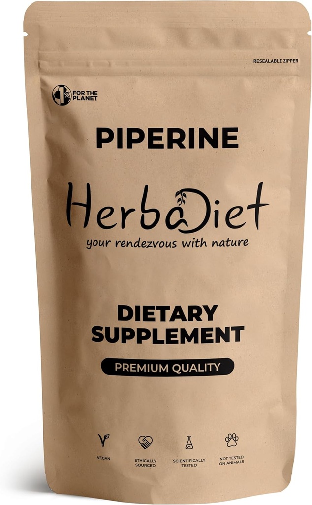 Herbadiet Piperin 95% Pulver | Schwarz Pfeffer Extrakt Pulver 95% von Hplc | Bioverfügbarkeit Enhancer, Boosts Nährstoffe Aufnahme| Glutenfrei, Non-GMO Bulk Supplement (0.35 oz / 10 gm)