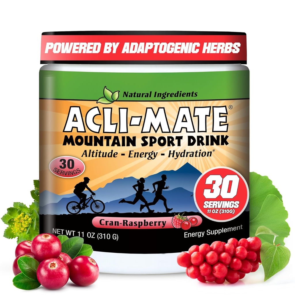 Mélange de boissons de sport Acl-Mate Mountain - Poudre d'électrolytes d'accélération haute altitude - Mélange de poudre d'énergie - Recovery Drink d'hydratation pour la course, randonnée, vélo, voyage et plus (1 Tub, CranRaspberry)