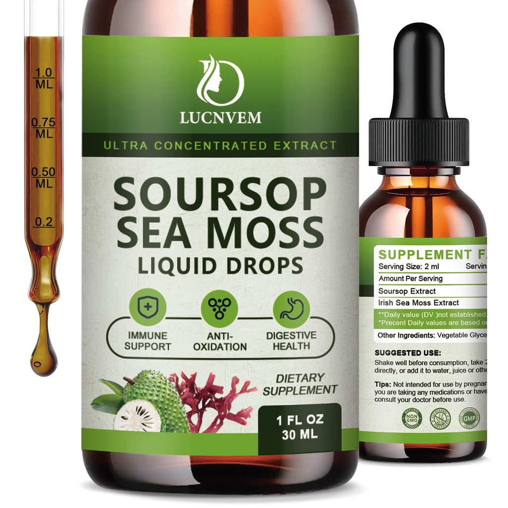 (2 packs) Graviola de sourcils organiques avec gouttes liquides de mousse de mer, amers de sourcils liquides riches en multivitamines pour l'antioxydant naturel, emboîtement immunitaire, soutien cellulaire et régénération, aromatisant ananas