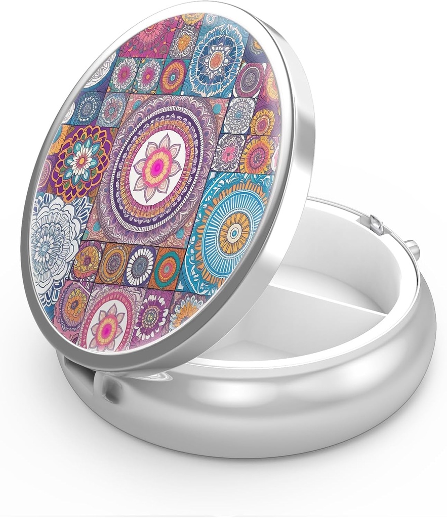 Pill Box 3 Compartment Small Pill Case,Portable for Pocket or Purse Pill Organizer Pill Container Holder to Hold Vitamins, Medication, Fish Oil and Supplements(Mandala Cartoon)