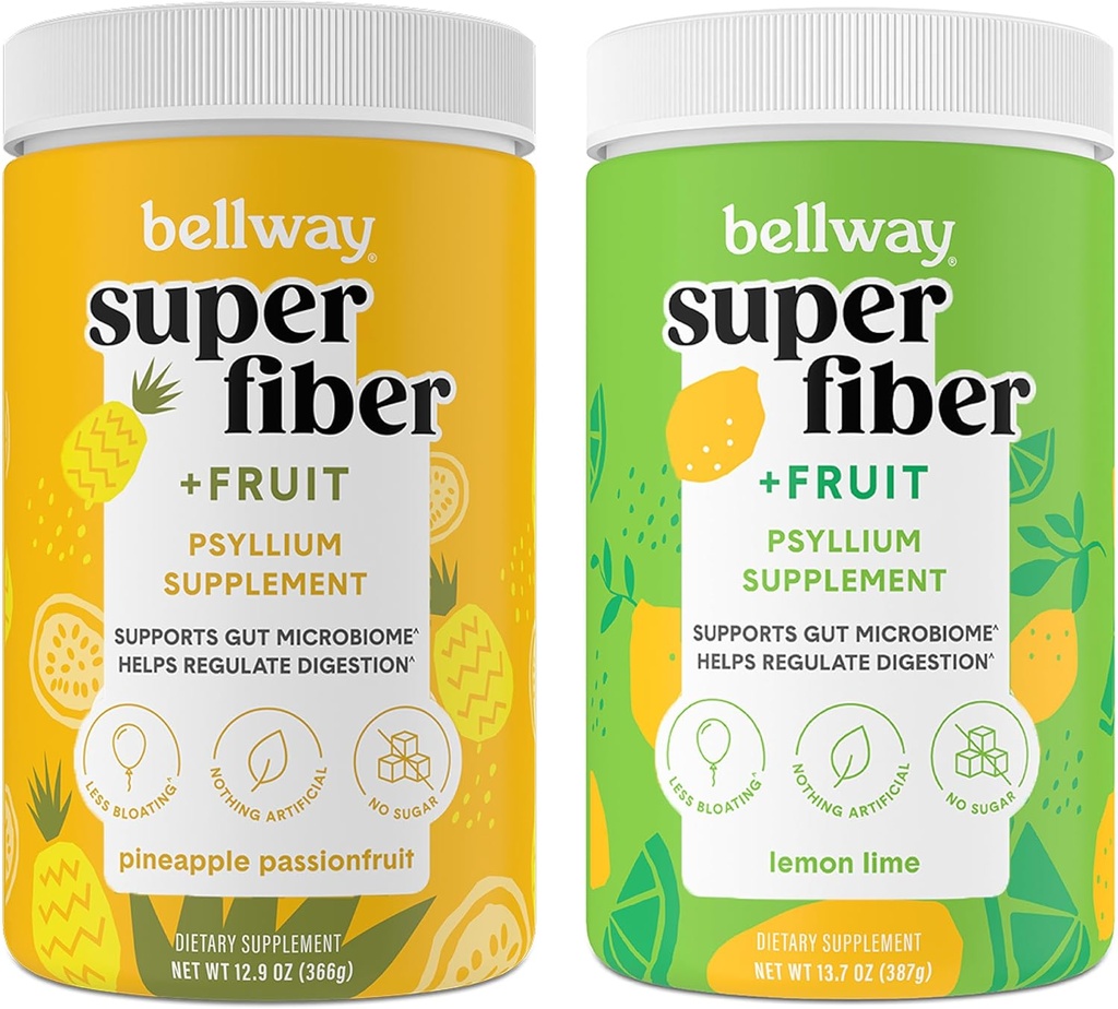 Poudre Super Fibre Bellway + Fruits, Sans Sucre Psyllium Organique Poudre Poudre Fibre Supplément pour la régularité, Bloating Relief & Gut Health, Non-OGM, Ananas Passion Fruit & Citron Lime