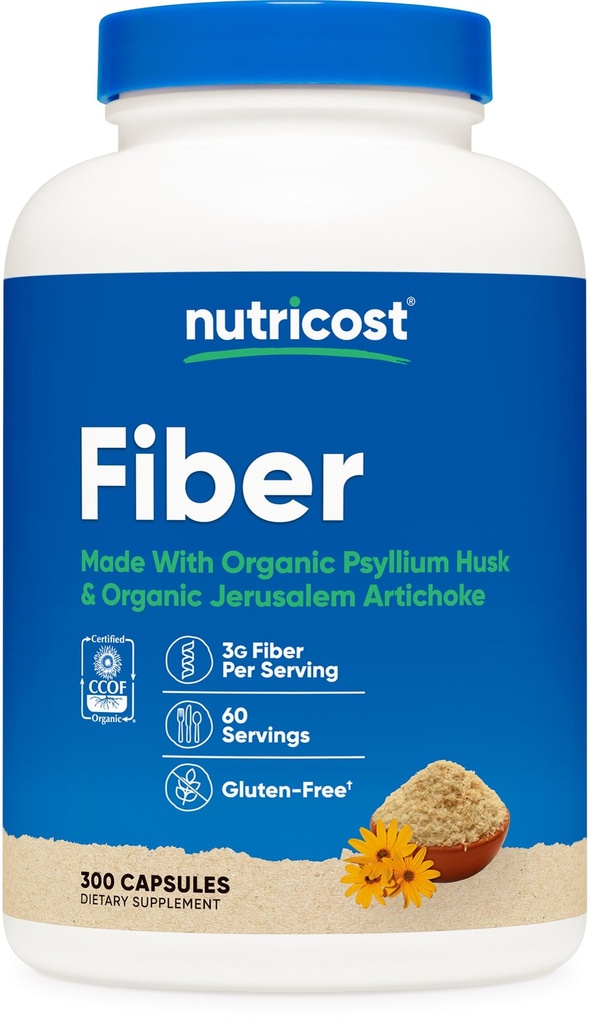 Nutricost Capsules de fibre avec supplément de fibre prébiotique 300 Capsules - Fabriqué avec du Psyllium Bio Husk & Organic Jerusalem Artichaut, 60 portions, sans gluten, 3 G par portion