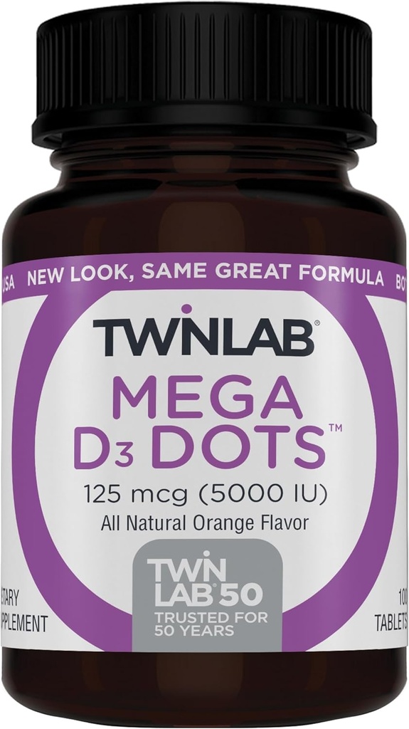 Twinlab Mega D-3 Dots - Vitamin D Supplement für Immungesundheit und Knochenunterstützung - 100 Orange Tabletten, 125 mcg (5000 IU) (Pack von 2)