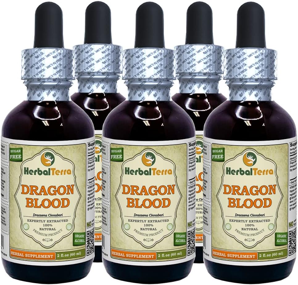 Dragon Blood Resin (Daemonorops Draco) Tincture, Dried Resin Liquid Extract (Markenname: HerbalTerra, Proudly Made in USA) 5x2 fl.oz (5x60 ml)