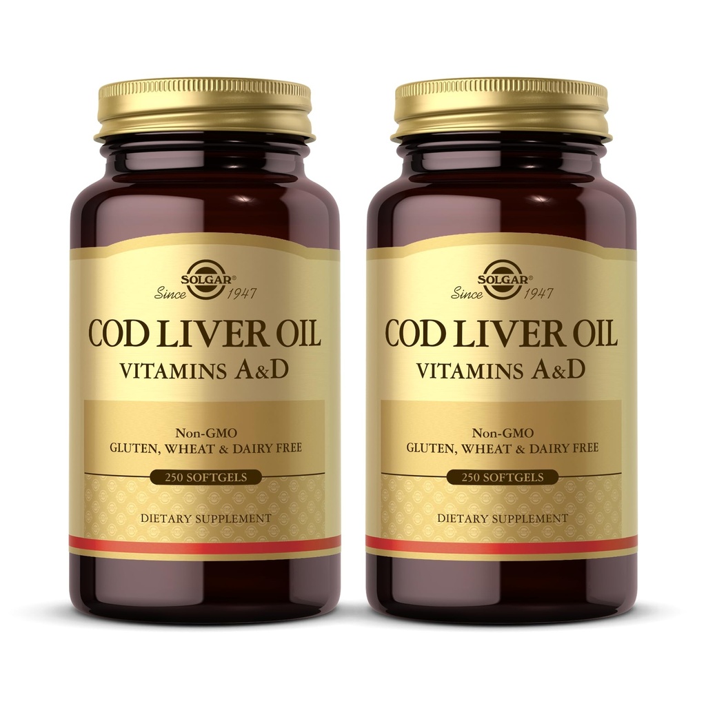 Solgar Cod Liver Oil - 250 Softgels, Paket von 2 - Bietet Vitamine A & D - Non-GMO, Glutenfrei - 500 Gesamt Servierungen