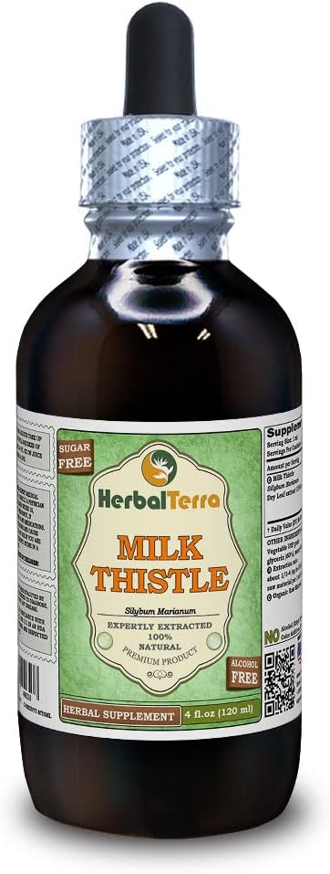 Thistle de lait (Silybum Marianum) Glycérite, feuilles séchées organiques Extrait liquide sans alcool (marque : HerbalTerra, fièrement fabriqué aux États-Unis) 4 fl.oz (120 ml)