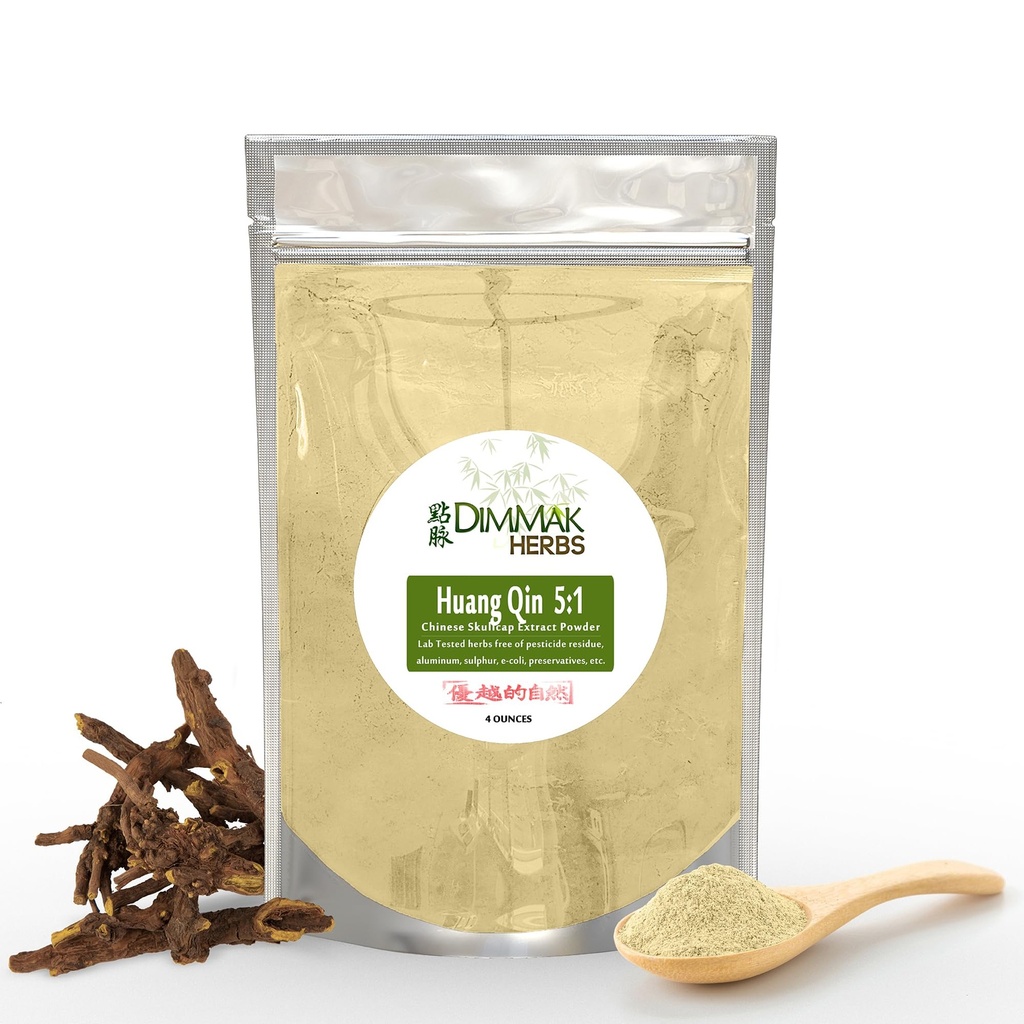 Dimmak Herbes organiques Scutellaria Baicalensis Chinese Skullcap Racine (Huang Qin) Poudre d'extrait 5:1 de laboratoire testée en poudre d'herbe chinoise premium Radix Scutellariae sous forme d'extrait de potentiel - 4oz (112g)