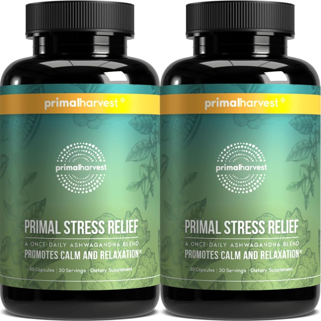 Primal Harvest Stress Relief Supplement for Women and Men Pure Ashwagandha Root Extract, L-Theanine Supplements, 60 Capsules