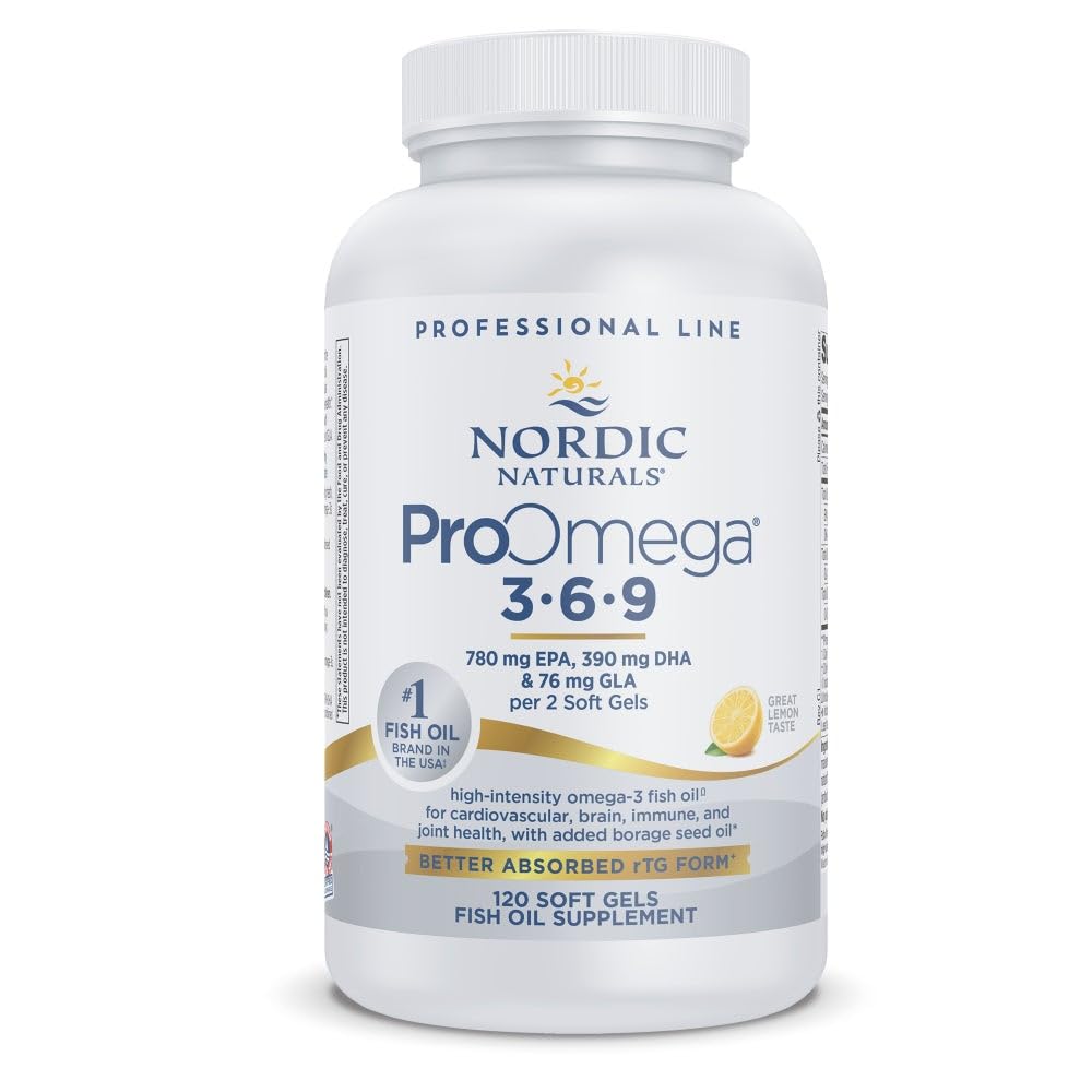 Nordic Naturals ProOmega 3-6-9, Saveur de citron - 120 gels mous -1360 mg Oméga-3 - EPA & DHA avec ajout de GLA - peau saine, cognition, humeur positive - non-OGM - 60 portions