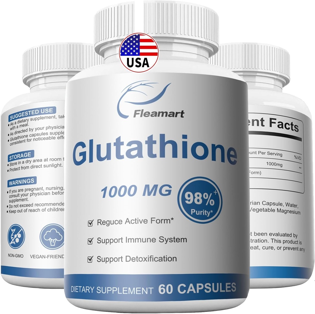 Supplément de glutathion 98%+ Hautement purifié et biodisponible - Soins de la peau et de la désintoxication L-Glutathion 1000mg Immuni et soutien du foie - Fabriqué aux États-Unis 60 Capsules