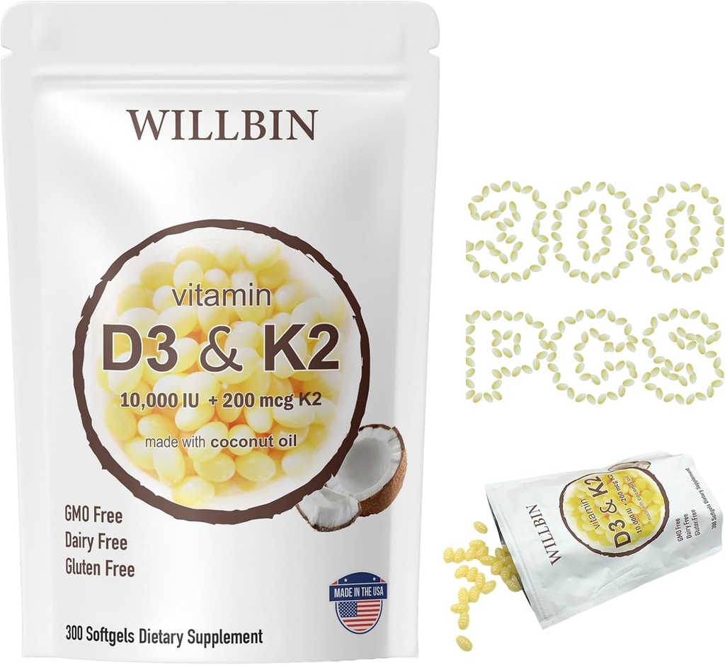 300 Stück 2 in 1 Vitamin D3 10000 iu Plus K2 (MK-7) 200 mcg, Kokosnussöl Weichgel mit Vitaminen D & K, unterstützt Knochen, Herz- und Immungesundheit - einfach zu schlucken & Non-GMO