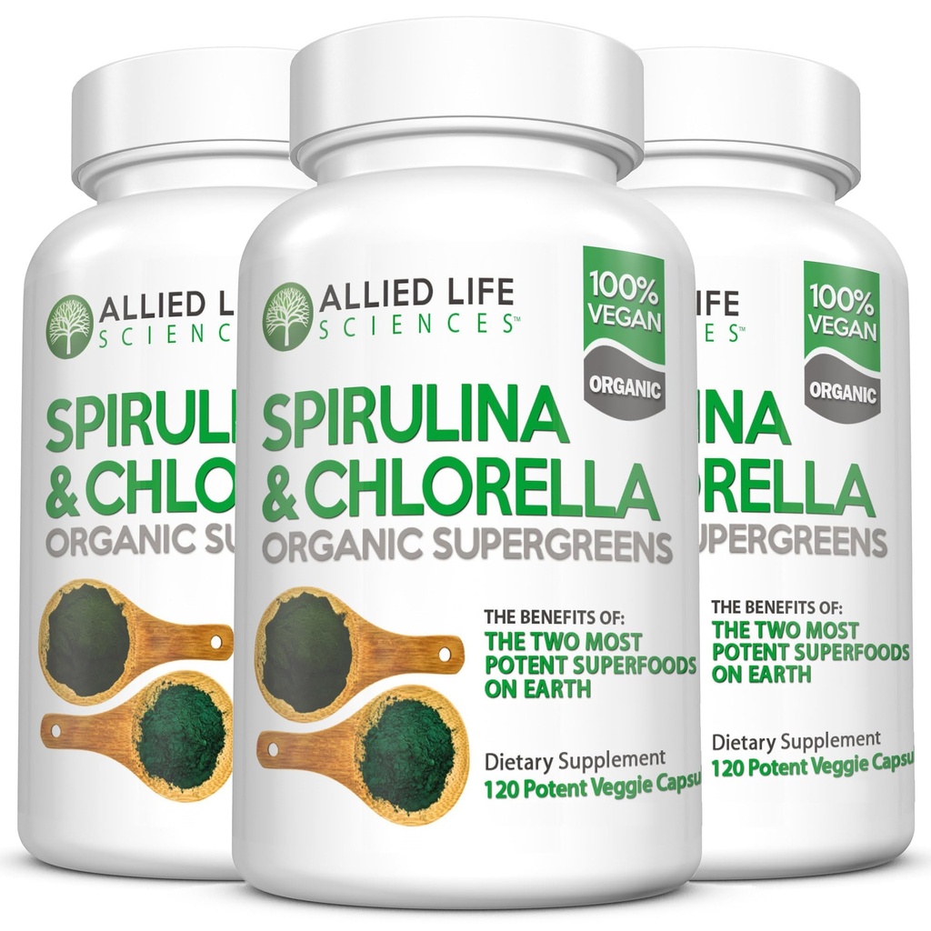 Allied Life Spirulina und Chlorella | Organic Chlorophyll Vegan Protein Pulver Grüne Superfood Kapseln | Natürliche Unterstützung (3 Flasche Pack)