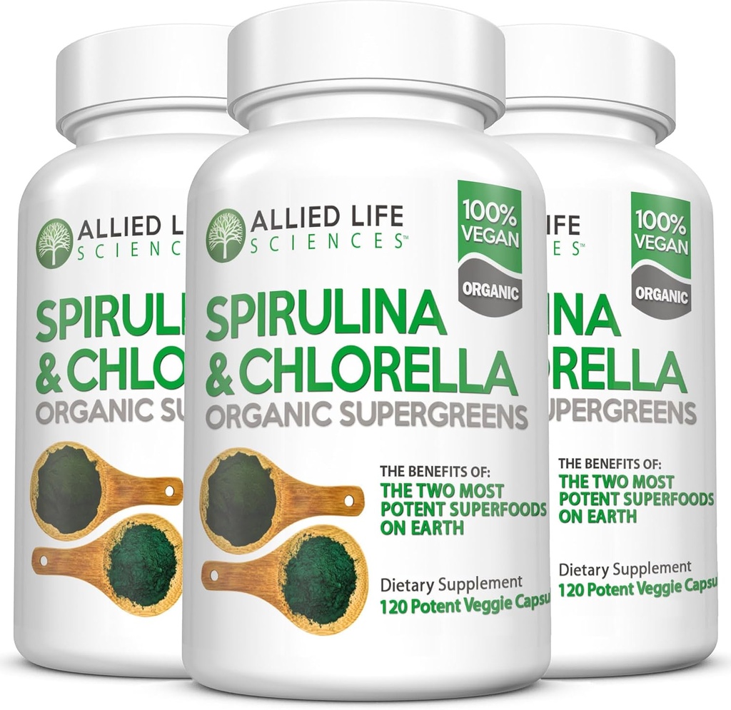 Allied Life Spirulina und Chlorella | Organic Chlorophyll Vegan Protein Pulver Grüne Superfood Kapseln | Natürliche Unterstützung (3 Flasche Pack)