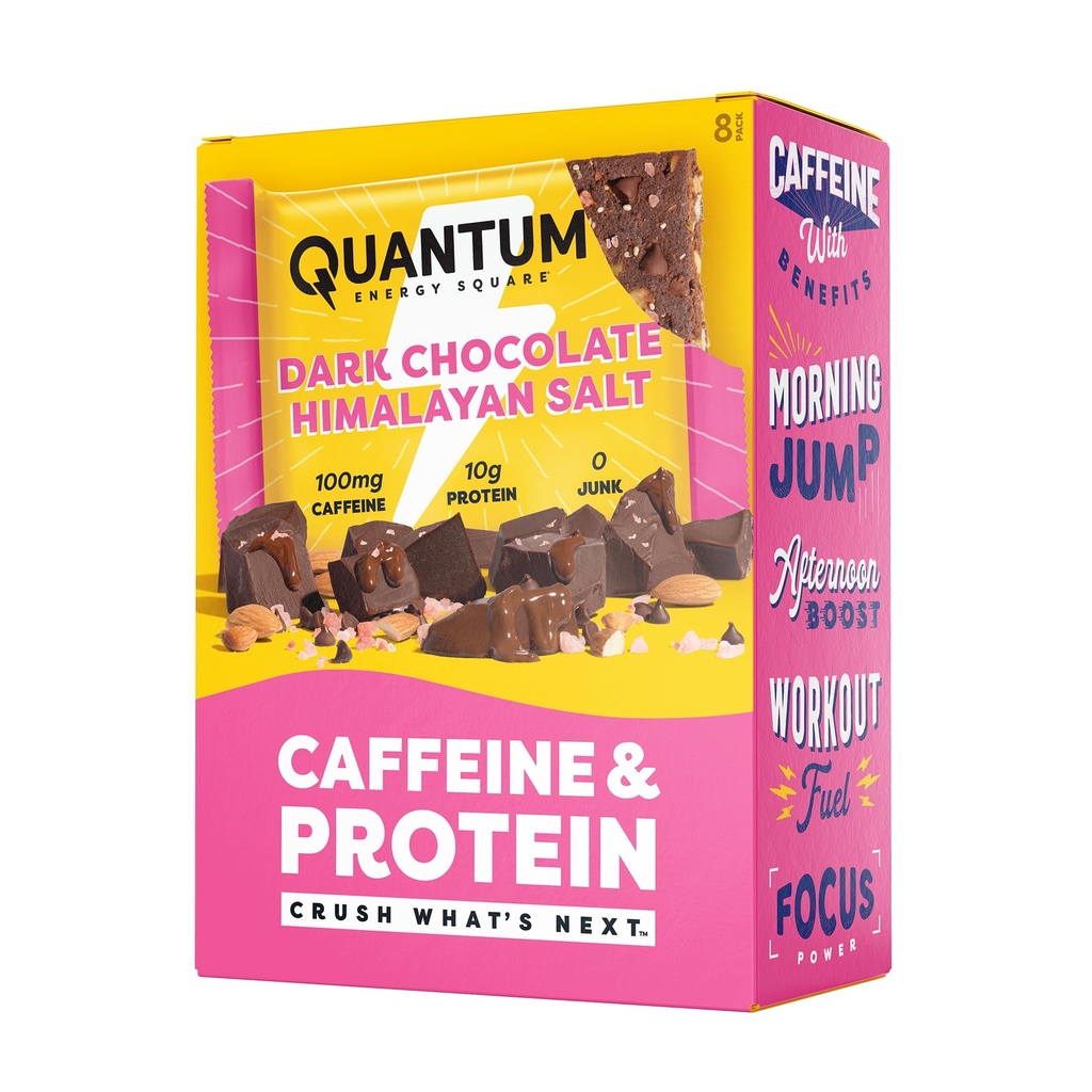Quantum Energy Square: Energy Bar mit Koffein & 10g Protein. Köstliche gesünde Snack on The Go. (Vegan, Glutenfrei, Sojafrei, Dairyfrei) (Dark Chocolate Pink Himalayan Salt)
