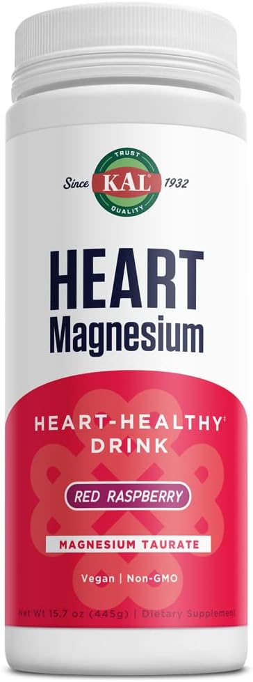 KAL Herz-Magnes-Getränk-Mix, Red Raspberry Magnesium Taurate Pulver Herz-Gesundheitsergänzungsmittel für Entzündungen, Zuckerfrei, Vegan, 100 Servierungen, 15.7 oz