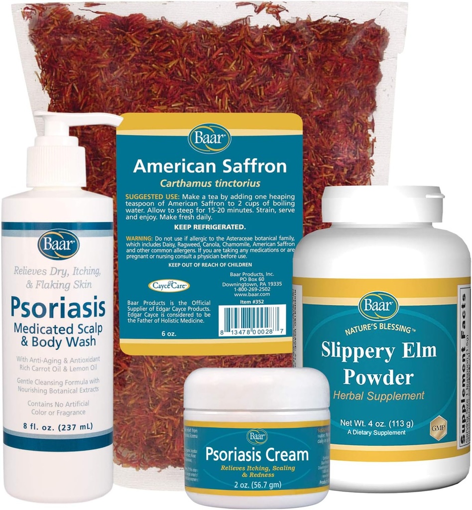 Kit de soins de psoriasis - Comprend le thé safran américain, poudre d'écorce d'orme de slip, scalp de psoriasis et lavage du corps, et crème de psoriasis. 4 articles recommandés dans le livre Psoriasis de guérison par le Dr John Pagano