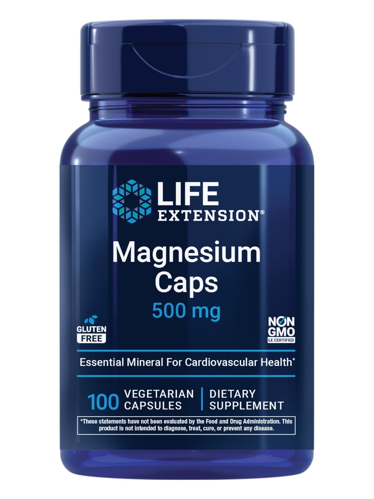 Extension de vie Magnésium Caps, 500 mg, Oxyde de magnésium, Citrate et Succinate, Santé cardiaque, Bons sains, Soutien au métabolisme, 100 Capsules végétariennes