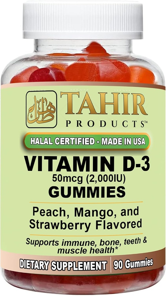Tahir Halal Vitamin D3 2000 IU Gummies – unterstützt Knochen & Immune Gesundheit, fördert Muskelfunktion, Glutenfrei, Gelatinfrei, 90 Natürliche Frucht Flavor Gummis, Made in USA – Halal Certified
